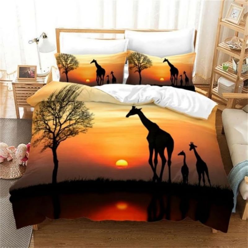Housse de Couette 240 x 260 cm Girafe Beige avec 2 Taies d'Oreiller Parure de Lit Microfibre 110g