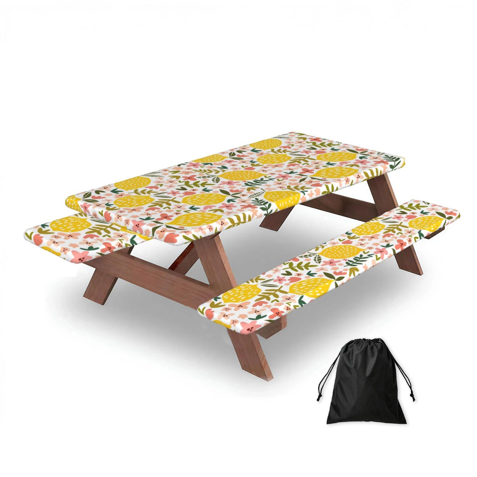 Floral Lemon Lemon Yellow, Picnic Table Cover With Bench Covers -Waterproof Elastic Fitted Tablecloth for Garden Camping Patio 76x152cm
