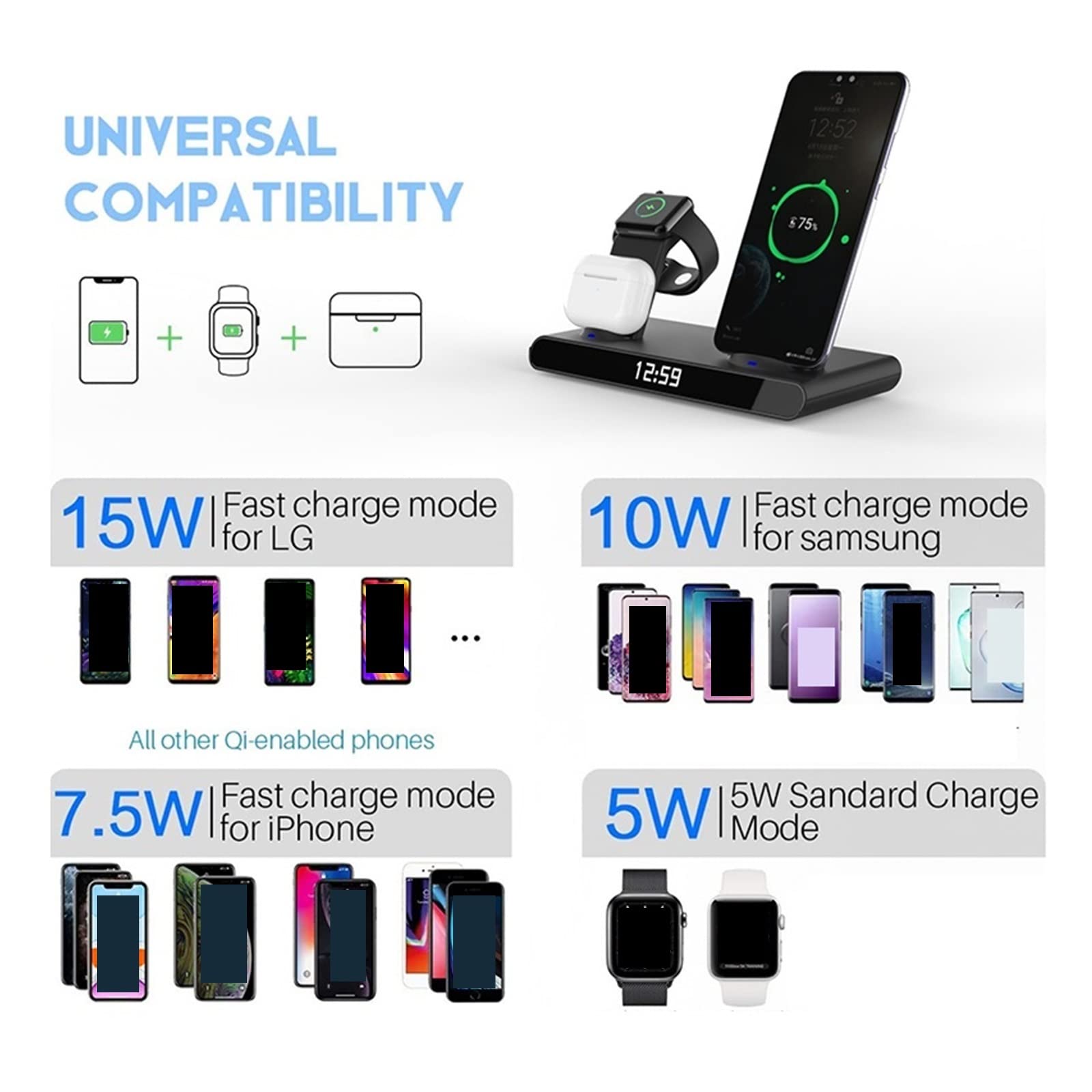 Ładowarka bezprzewodowa, Stacja ładowania indukcyjnego 3 w 1 do zegarka Telefon 15 W Szybka ładowarka bezprzewodowa Zegar(Nero)
