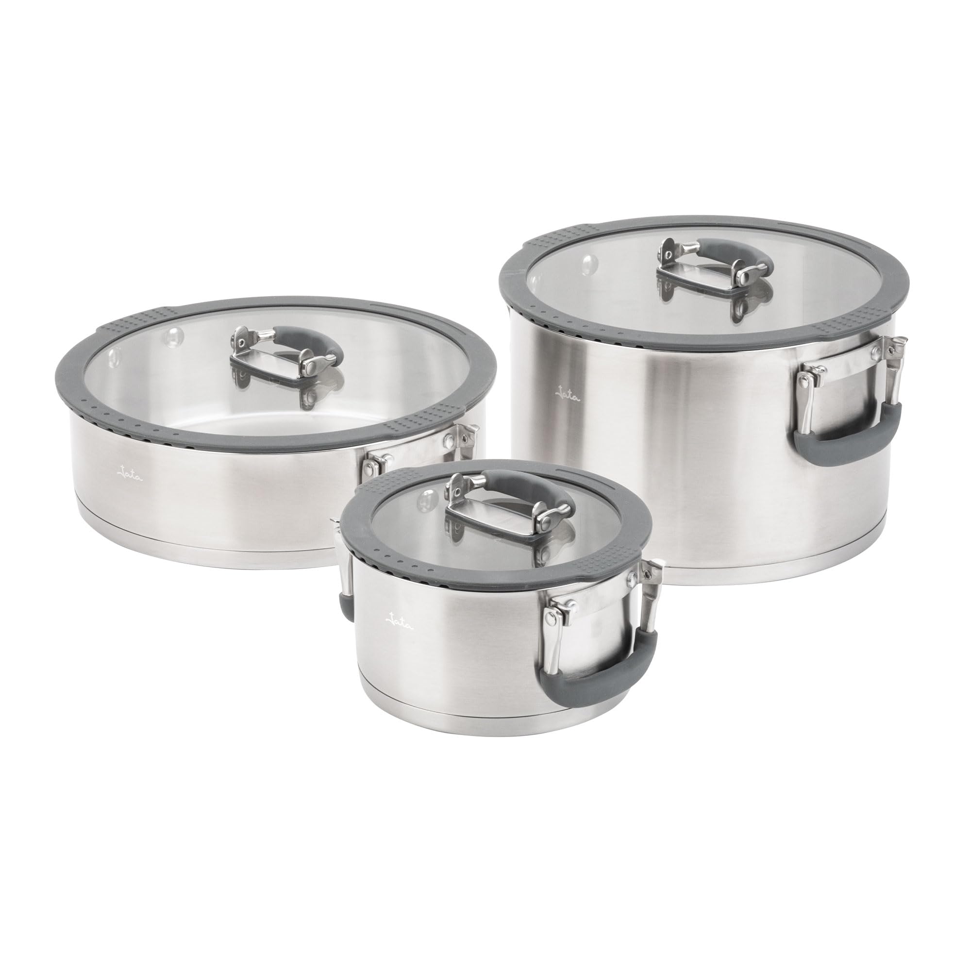 JATA HOGAR HBAT2552 - Set de Ollas Apilables de Acero Inoxidable 304, 3 Ollas con Tapas de Cristal, Asas Plegables con Silicona, Ahorro de Espacio, Aptas para Inducción, Gas y Vitrocerámica