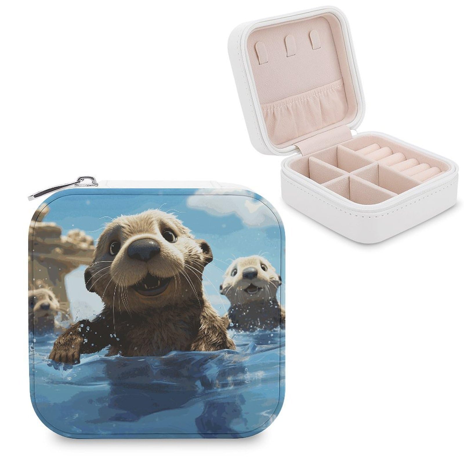 JTREHY Lovely Sea Otter Print Jewelry Box Personalized PU Jewelry Box Exquisite Jewelrys Organizer Case Small Portable Jewellery Storage Holder for Rings Earrings Necklaces Gifts
