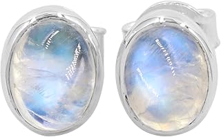 Moonstone Earrings Stud-Gold Minimalist Earrings-Sterling Silver Moonstone Post Earring-6x8 mm Oval Blue Moonstone Stud Earrings for her (STERLING SILVER)