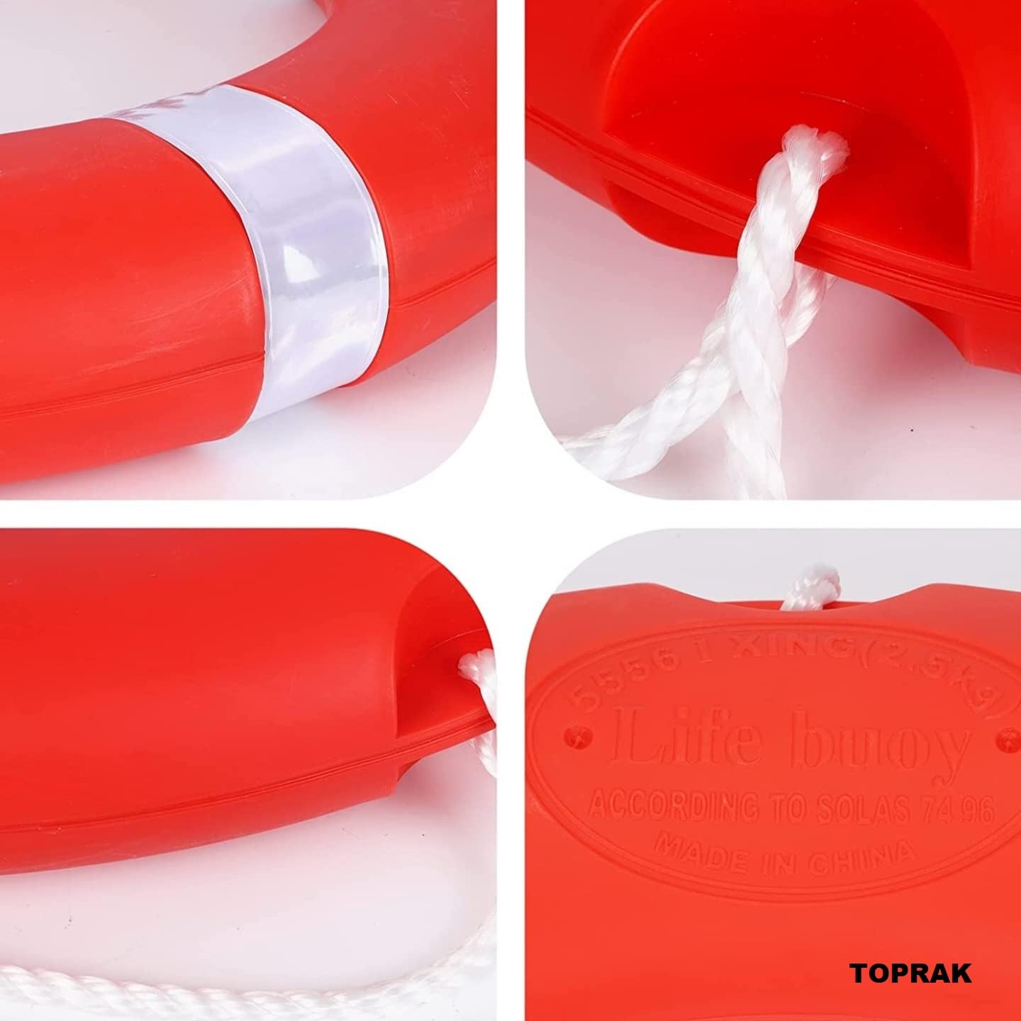 TOPRAK Life Buoy Ring, Rotomolded Hard-Shell Foam Construction, High-Visibility Reflective Strips, Includes 50ft Floating Rescue Rope, Orange 28.3in 4