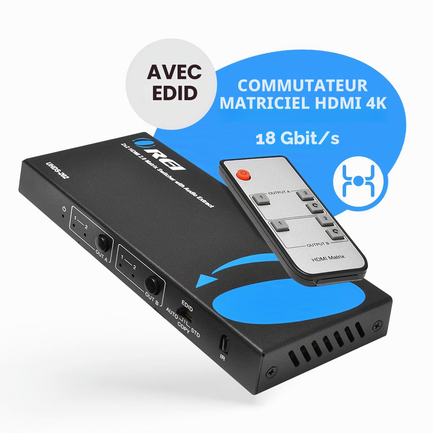 OREI Commutateur matriciel HDMI 4K 2 x 2, commutateur 18G UltraHD Prend en Charge jusqu'à 4K @ 60Hz et 1080p IR EDID HDCP 2.- Télécommande (UHDS-202)