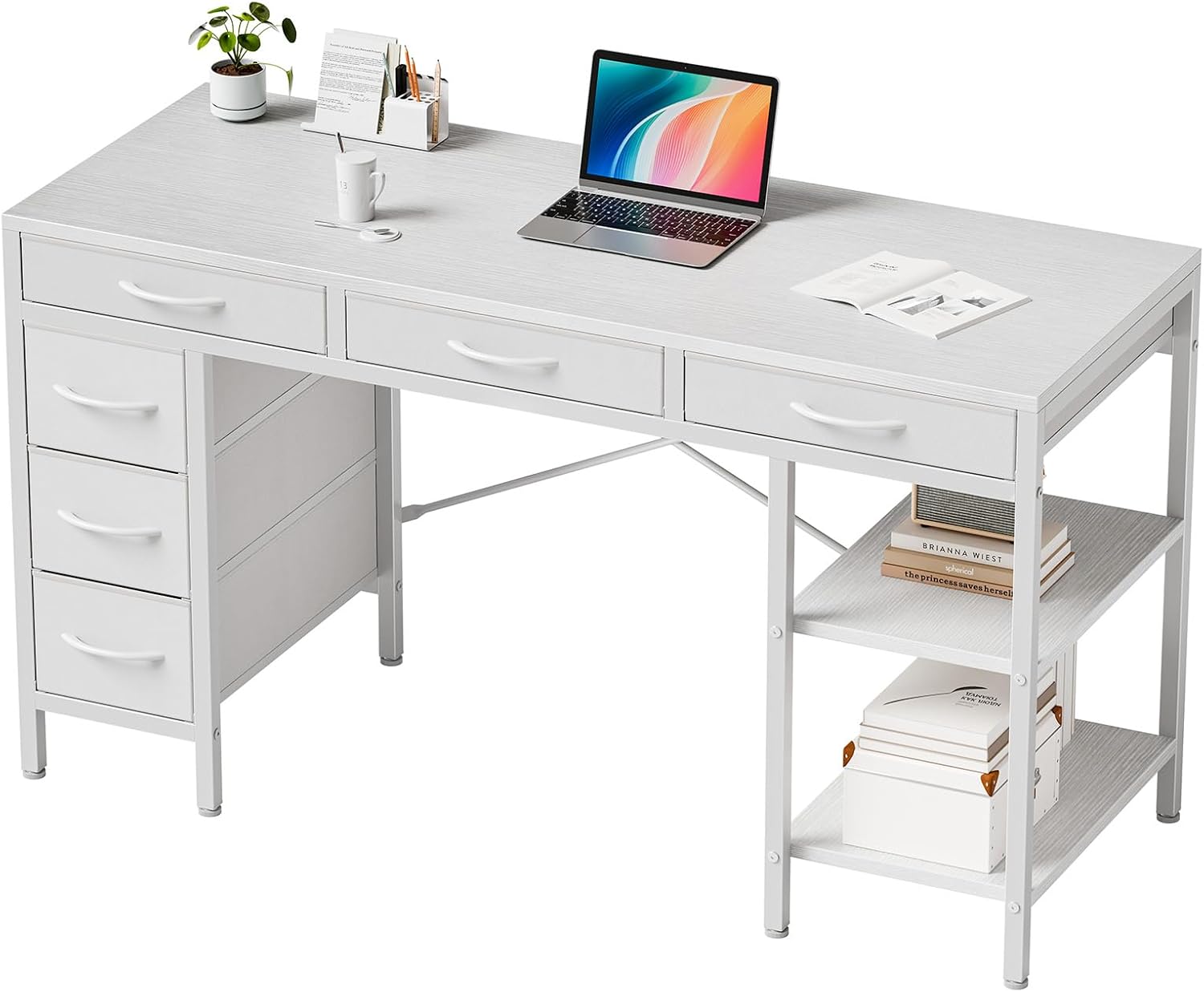 55" Computer Desk with 6 Drawers,Storage Shelves