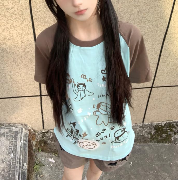Y2K Kawaii Cute Cat Print T-Shirts for Women Patchwork Harajuku Oversize Top Round Neck Cutecore Tee Tops4