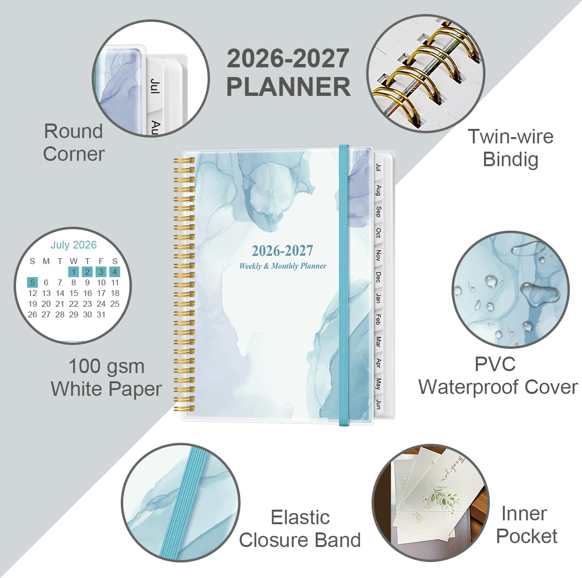 Planer 2026–2027 – Planer 2026–2027 von Juli 2026 – Juni 2027, mit 12 monatlichen Reitern, flexiblem Einband, Innentasche, 21,6 x 27,9 cm, blaues Aquarell