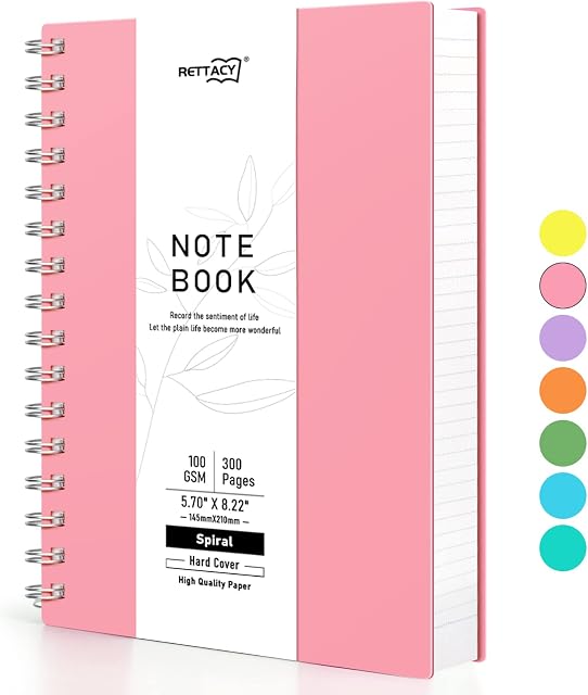 RETTACY A5 Notebook, Notepad, Wirebound Spiral Notebooks 300 sheets/150 Pages for Writing,100gsm College-Ruled Paper, PVC Hardcover, for Women Men Work Office School,14.5 x 21cm - Pink
