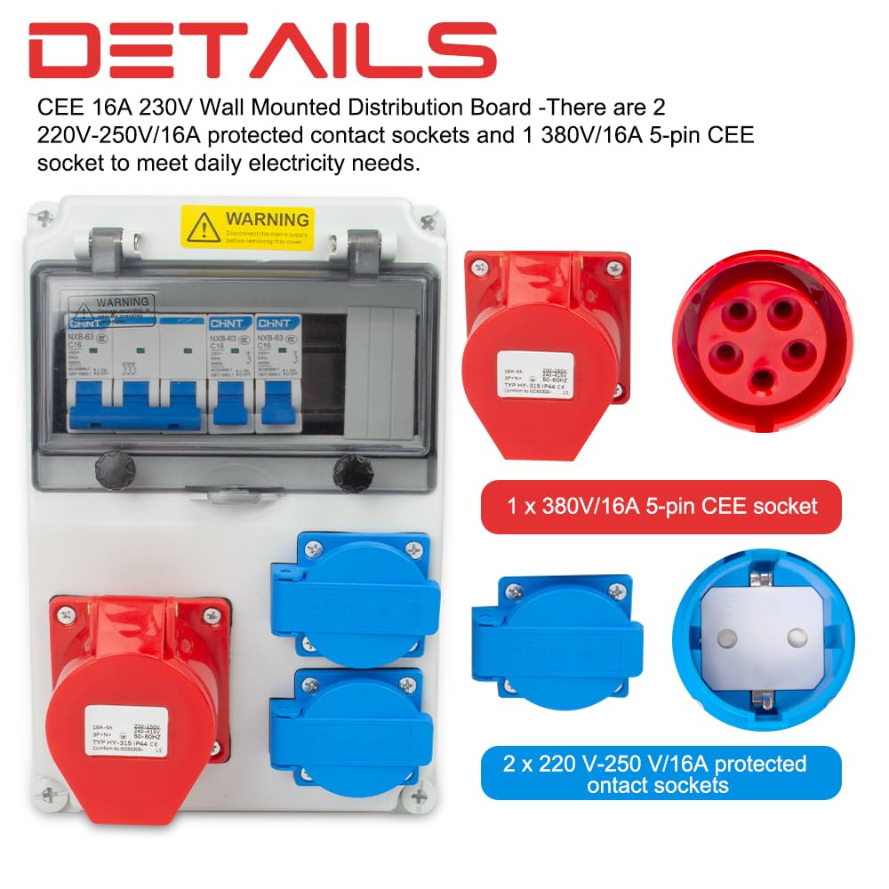 Distributore di Corrente 230 V, Copri Quadro Elettrico con Prese 2x230V e 1xCEE 16A Cablate, Quadro Elettrico da Cantiere IP44 con Interruttore Ls, Distributore Quadri Elettrici