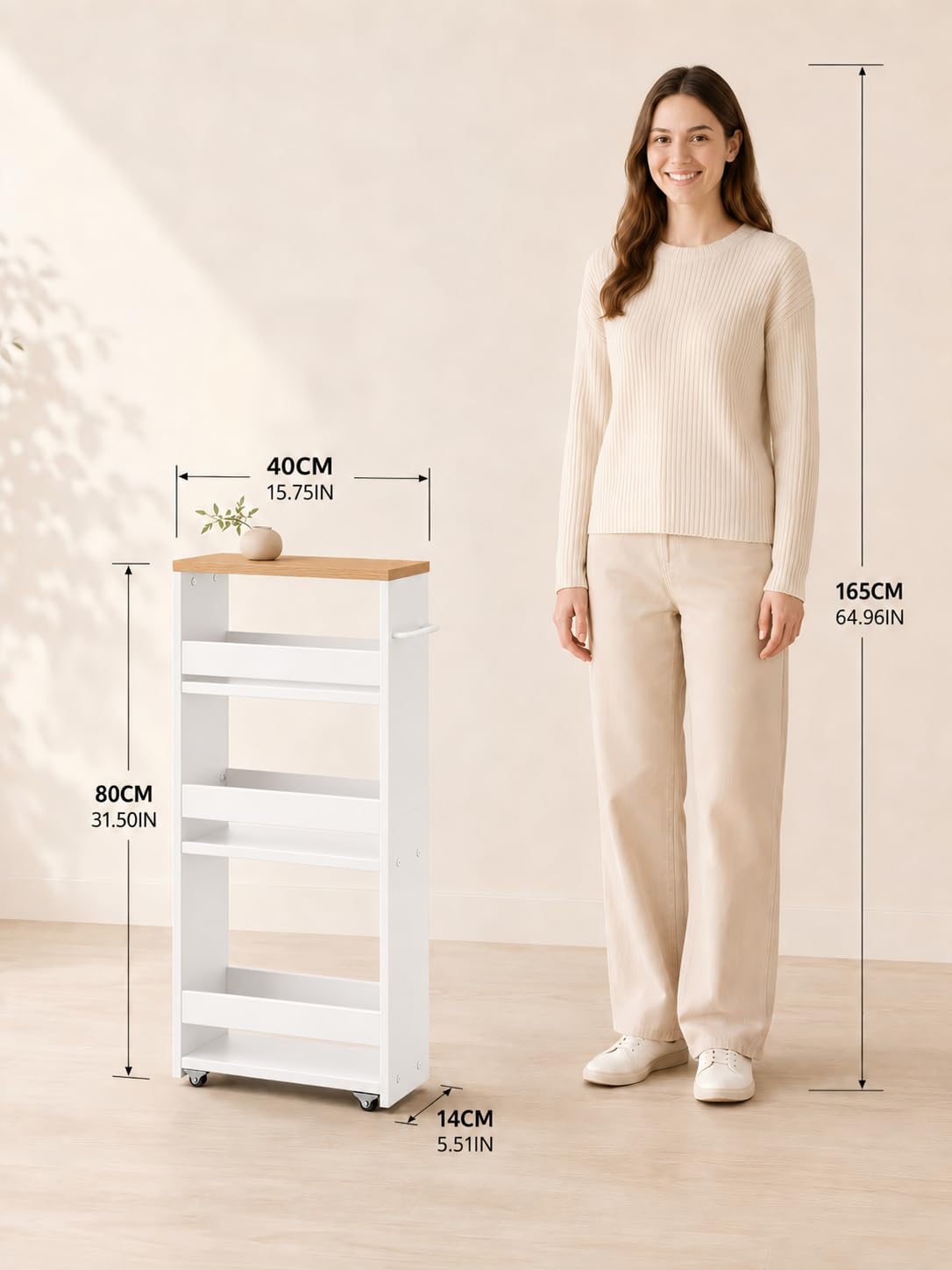 Standregal schmal mit Rollen 2 Stück Weiß 40 x 14 x 80 cm Regal | Schmales Standregal mit 3 Ebenen nutzt kleine Nischen optimal und schafft praktischen Stauraum für Bad Küche Haushalt