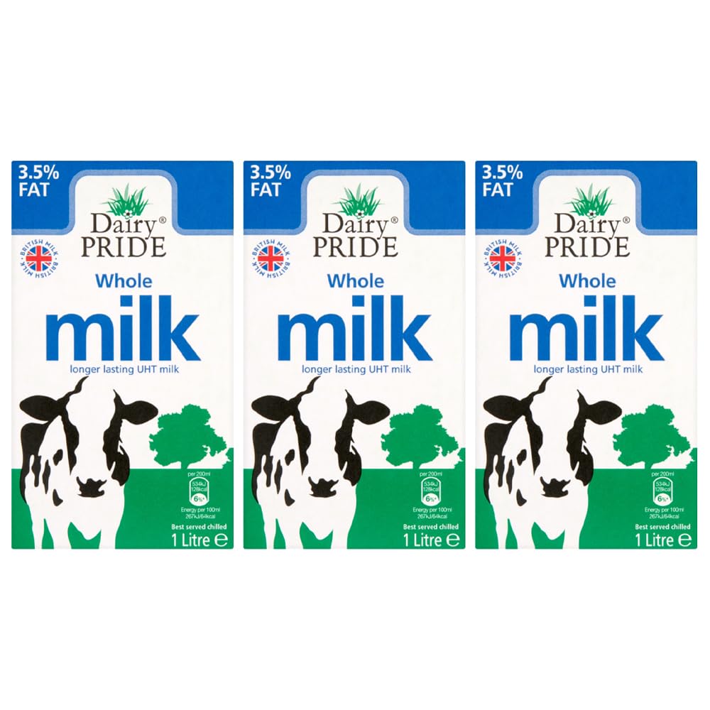 Dairy Pride UHT Whole Milk 1L Pack of 3 Full Fat 3.5% Long Shelf Life Calcium Dairy Drink Multipack Catering Hospitality Office Pantry Drink with Welari Thank You Card | (3pack) (3L)