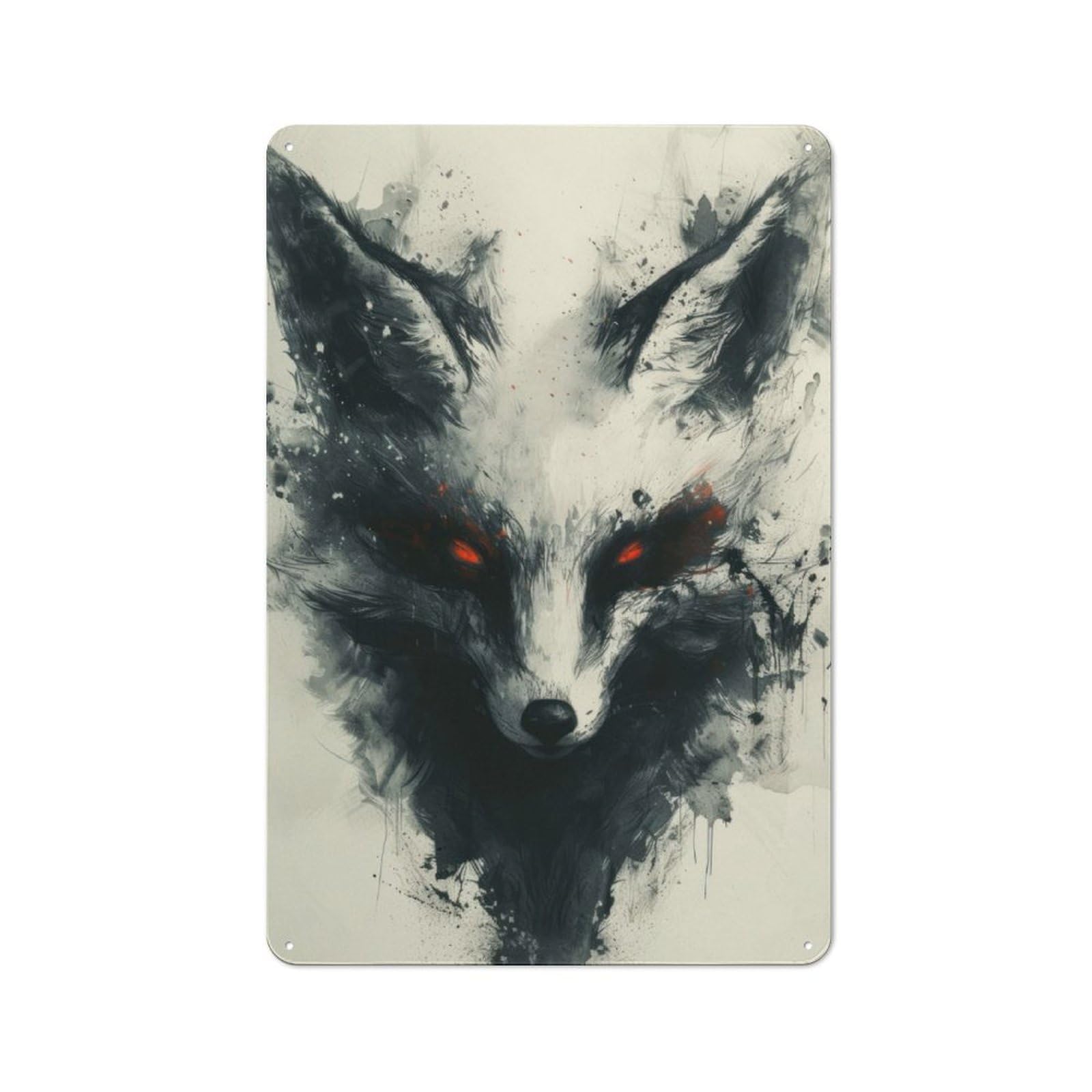 Shed Metal Sign with Black Kitsune Fox Painting Design 30x20cm, Vintage Porch Wall Decor for Patio Bar, Workshop, Shed Or Kitchen