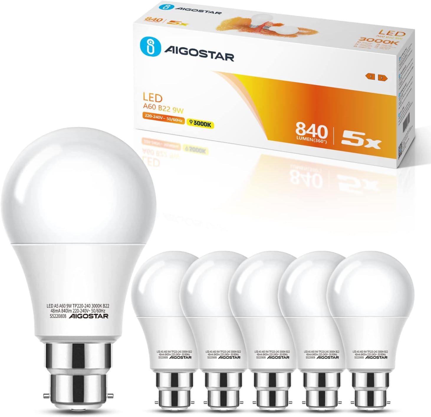 Aigostar Light Bulb 62W, B22 LED Bulbs Warm White 3000K, 9W BC