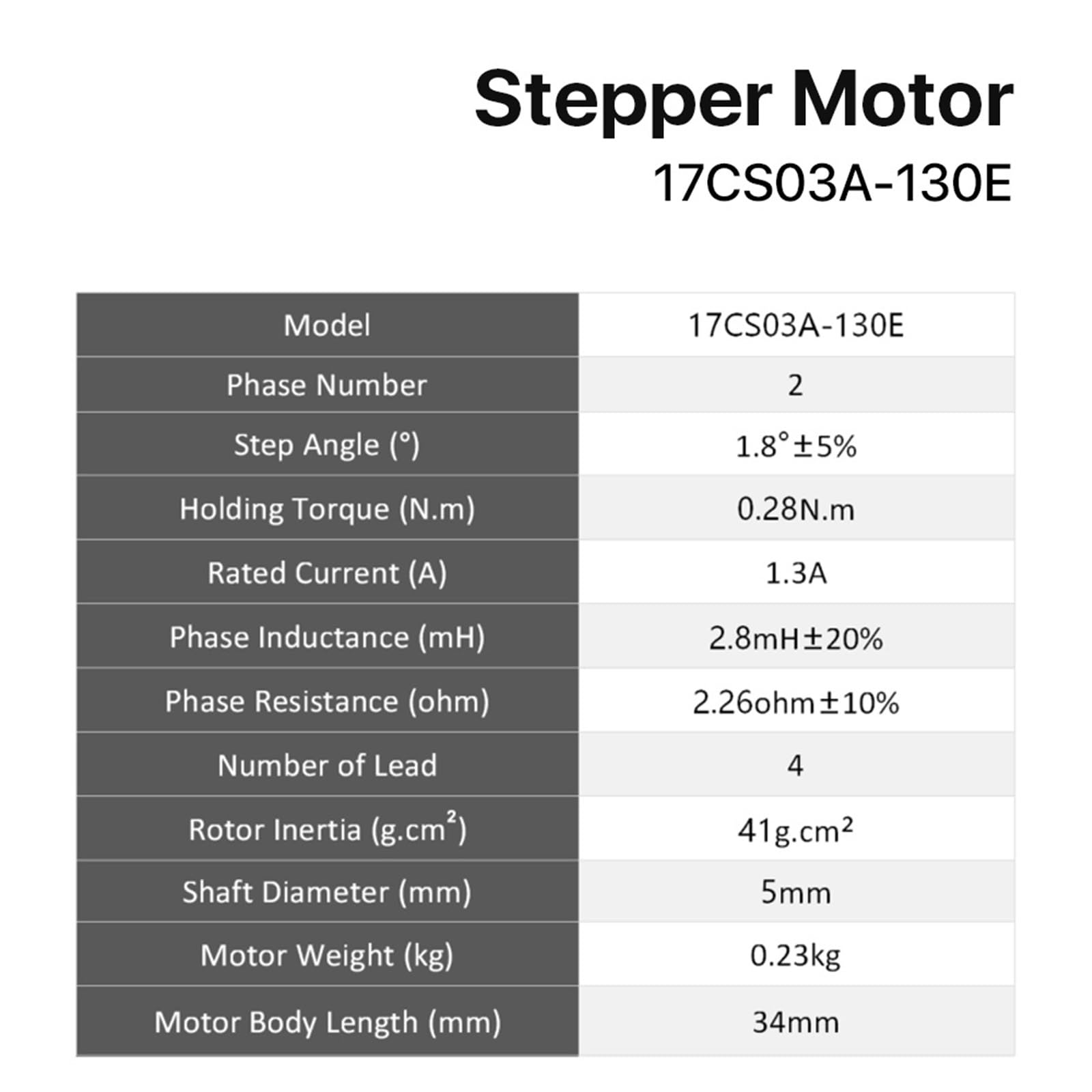 Motor paso a paso Nema 17 de 34 mm, 28 N.cm, 1,3 A, bifásico(17CS03A 5PCS)