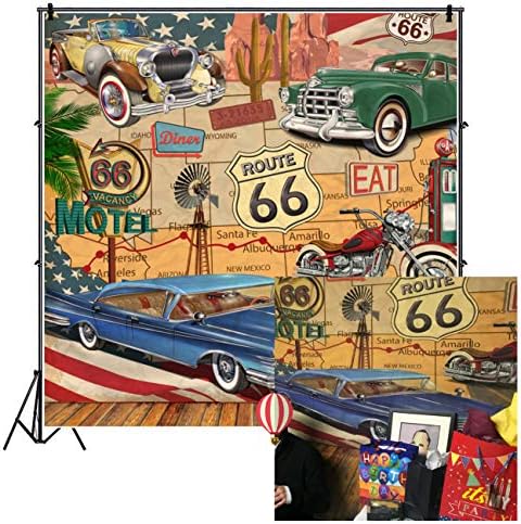 AOFOTO 7x7ft Vintage Car Route 66 Backdrop Retro Motel Poster Photography Background Classic Signs Old Filling Station Tire Service Historic Motor Vehicle American Photo Studio Props Vinyl Wallpaper