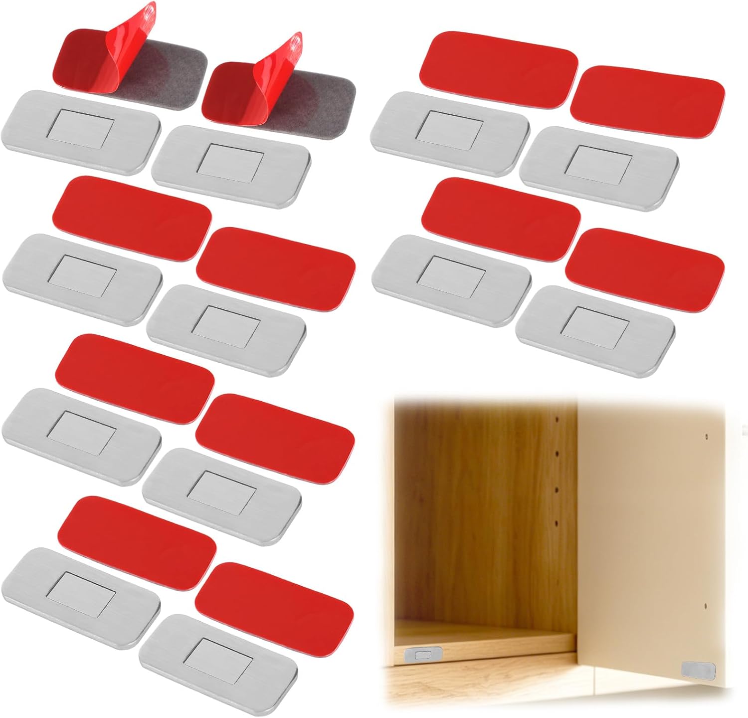 12pcs Magnetic Cabinet Door Catches, Ultra Thin Stainless Steel Magnets for Closure No Drill Double Sided Adhesive Magnet Cabinet Door Locks Latches for Kitchen Bathroom Drawer Closet Hardware