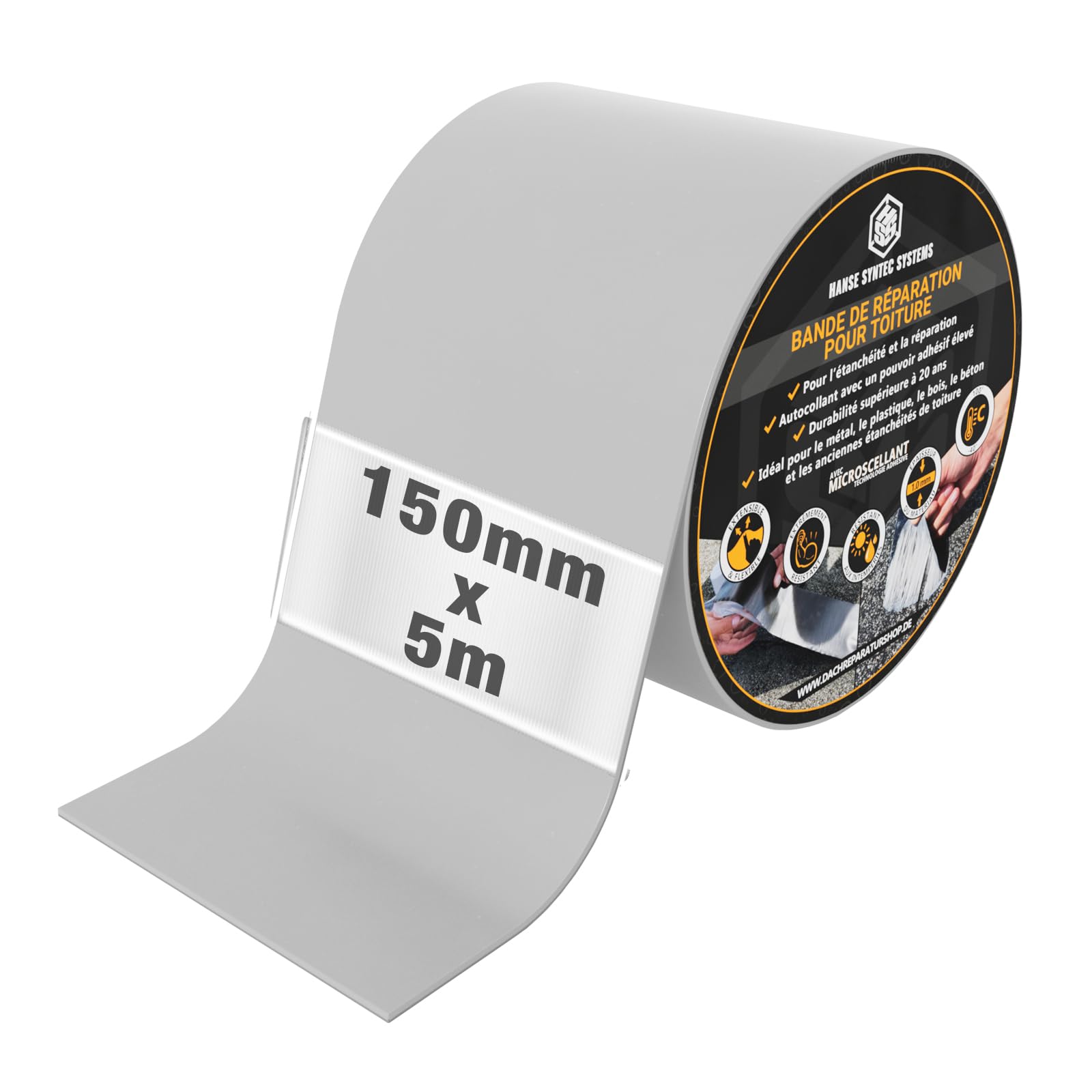 HSS - Cinta adhesiva adhesiva para techos y canalones (resistente al agua y a los rayos UV, fácil reparación de techos, grietas, juntas (gris, 150 mm/5 m)