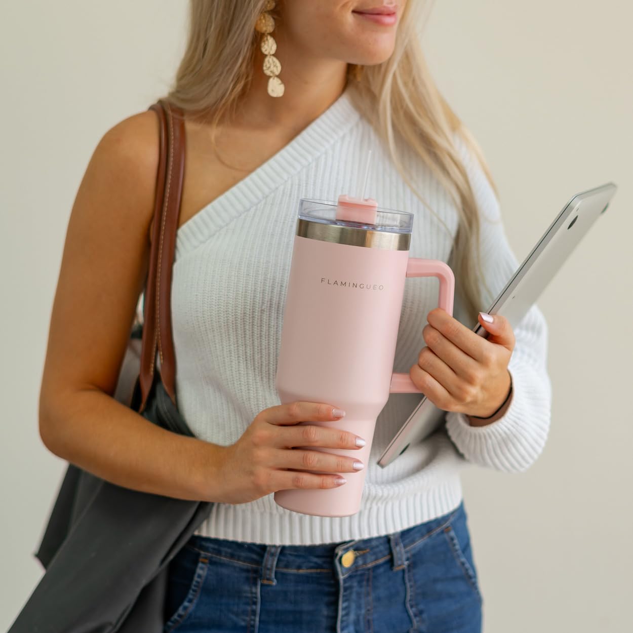 Flamingueo Borraccia con Cannuccia 1,18L - Borraccia Termica - Bevande Fredde 24h e Calde 10h - Acciaio Inossidabile - Con Manico - Tazza Termica - Rosa