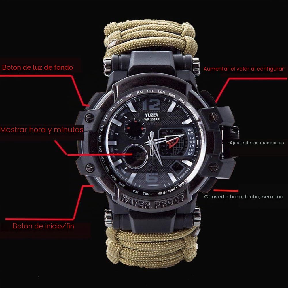 Reloj de Paracord táctico Militar Impermeable multifunción, Reloj de Supervivencia al Aire Libre para Hombres, Relojes de Pulsera Deportivos con termómetro de brújula