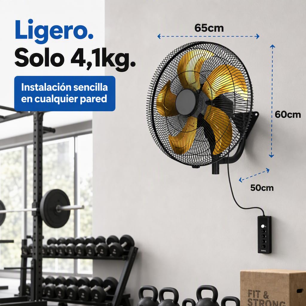 Ventilador de Pared Industrial 152 W, 5 Aspas, 3 Velocidades, Negro/Oro
