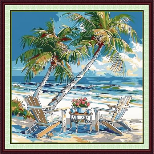 Image of Foxhool Stamped Cross Stitch Kits,11CT Printed Cross Stitch Pattern Full Embroidery Kits for Beginner Needlepoint Kits-Rest by the Seaside 18x18 inchs