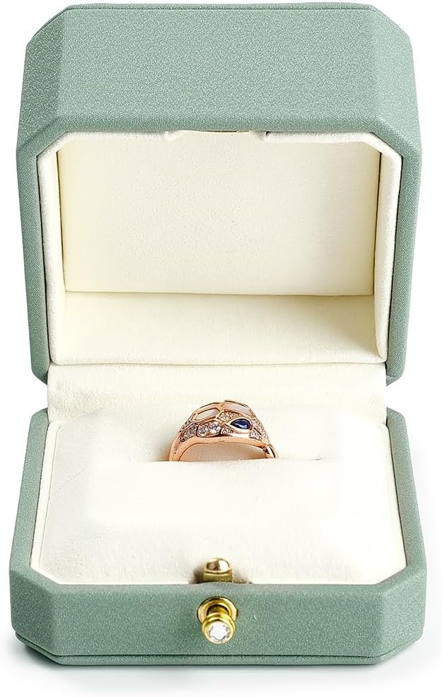 PU Double Dual Ring Box PU Leather Double Ring Gift Box Weeding Proposal Engagement Bearer Gift Case(Green)