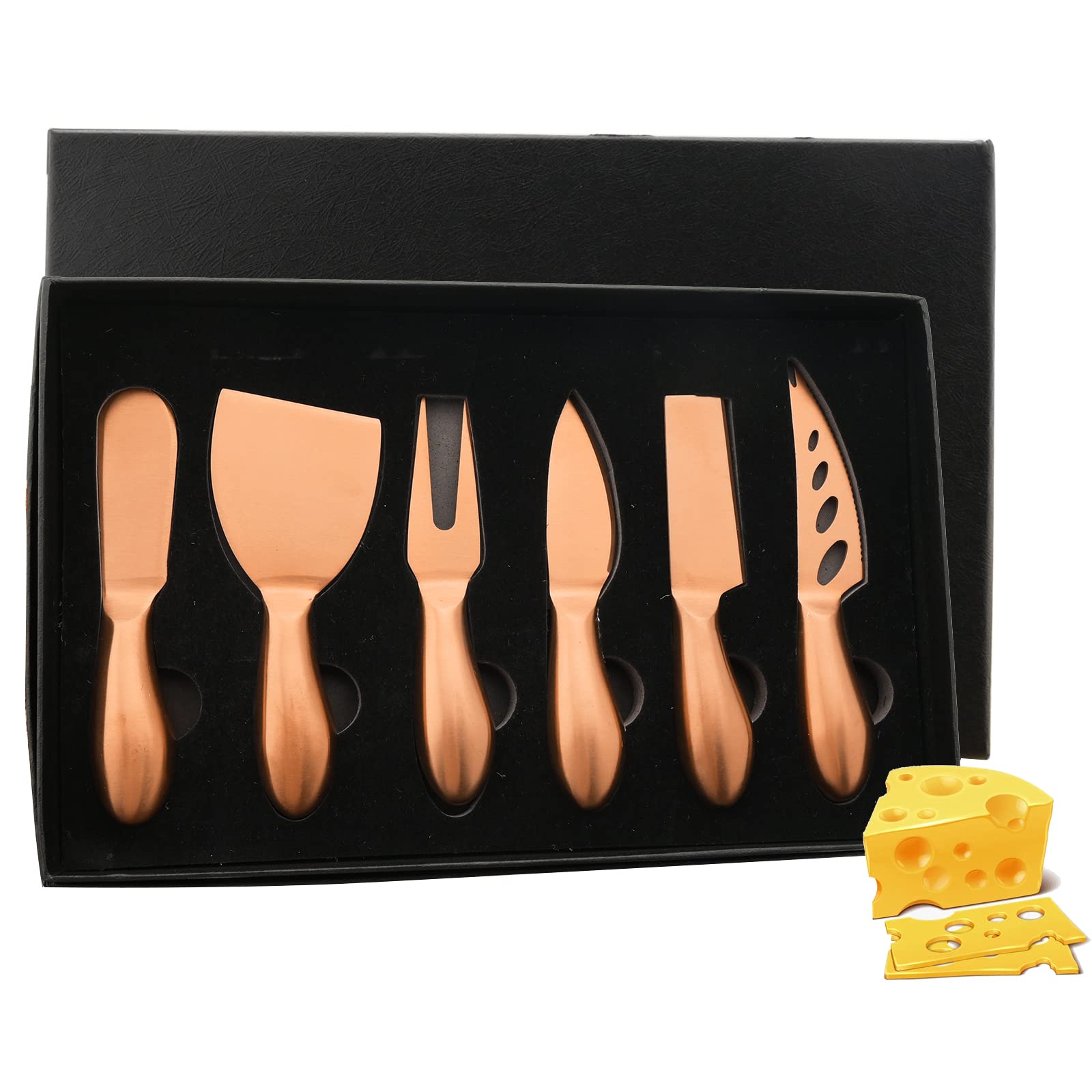 Snplowum Matte 6-Piece Cheese Knife Set, Complete Stainless Steel Dessert Knife Set For Daily Home Restaurant Use, Kitchen Tool Utensils Gift Box For Butter Pizza Cheese Cake ( Copper )