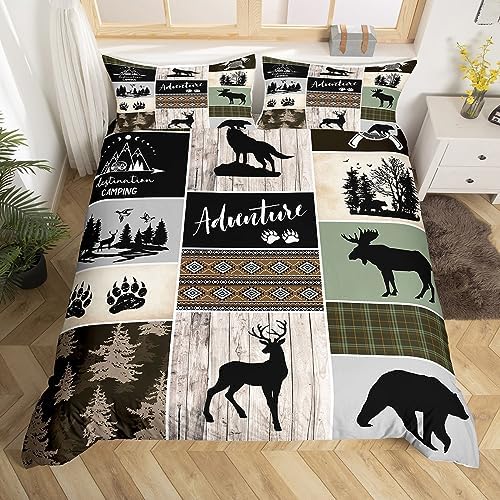 Camping Adventure Kids Duvet Cover Set Full Size,Deer Bear Wolf Animals Hunting Bedding Set for Boys Girls Adults Room Decor,Aztec Plaids Pine Trees Comforter Cover,Rustic Quilt Cover,2 Pillowcases