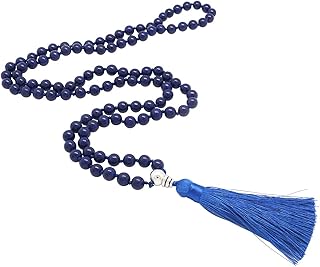 LuReen Mala Beads 108 Boho Necklaces Meditation Prayer Beads for Women Men Gem Stones Hand Knotted Beaded Tassel Necklace, Gemstone, lapis lazuli,