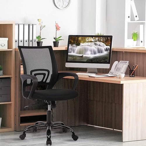 Miniatura 2 de Silla de escritorio para computadora, ergonómica, respaldo medio, silla de malla con soporte lumbar y reposabrazos, moderna, altura ajustable,