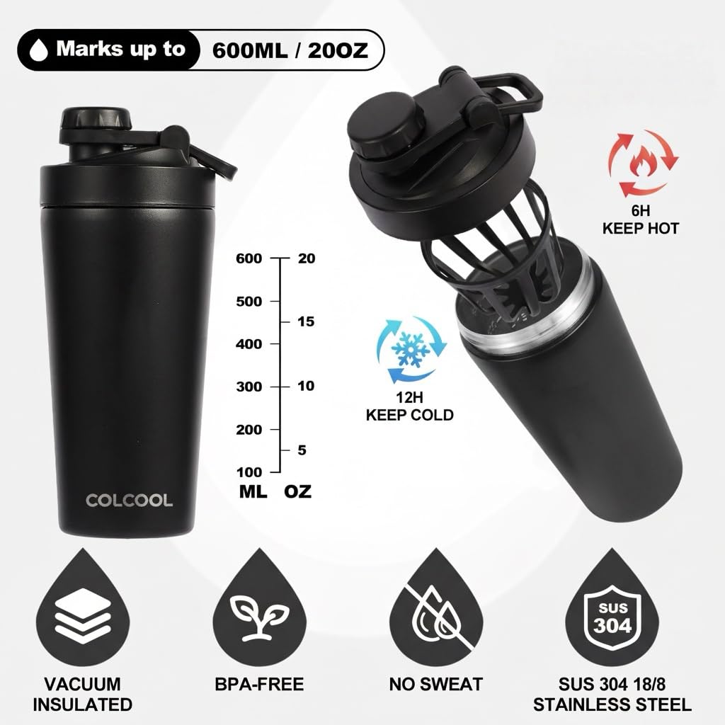 24 oz Insulated Stainless Steel Protein Shaker Bottle, Black — Amazon image 3