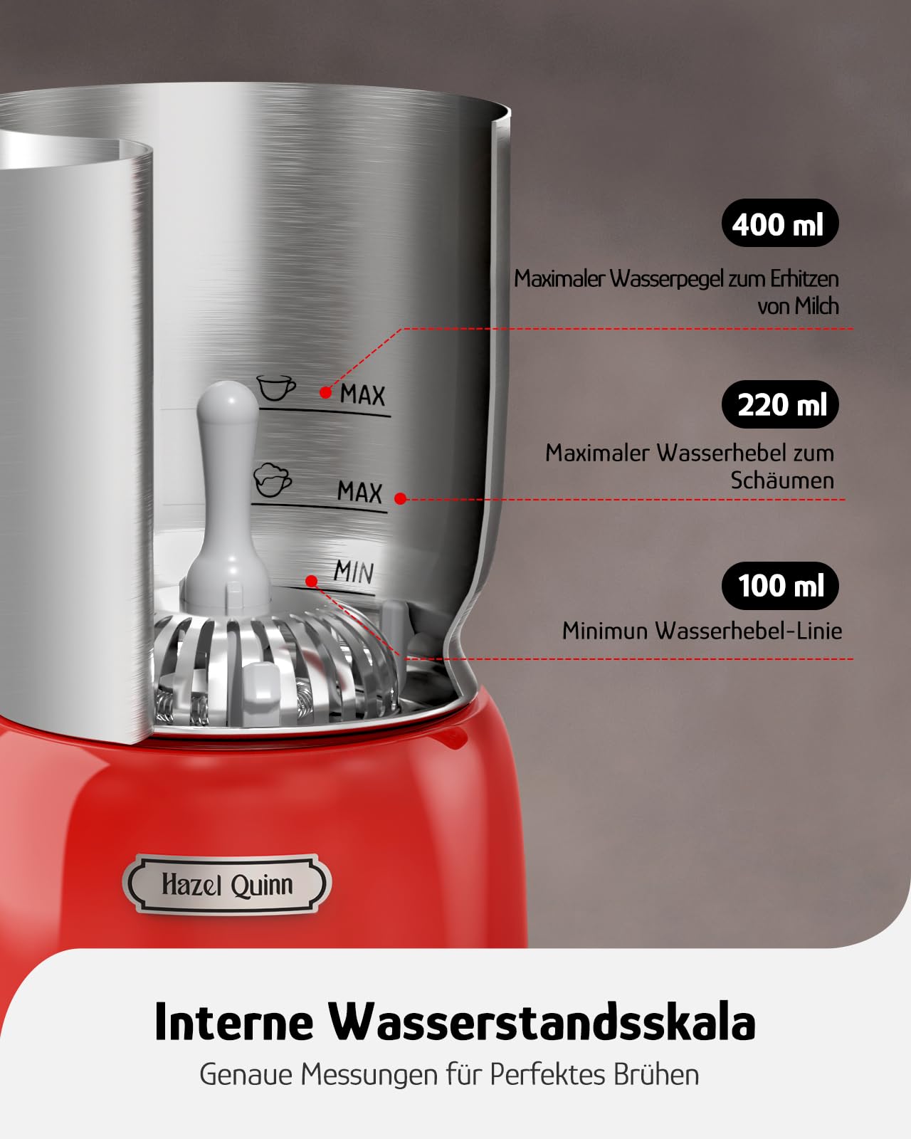 Hazel Quinn Elektrischer Retro-Milchaufschäumer, 5-in-1, Warm & Kalt, Rot