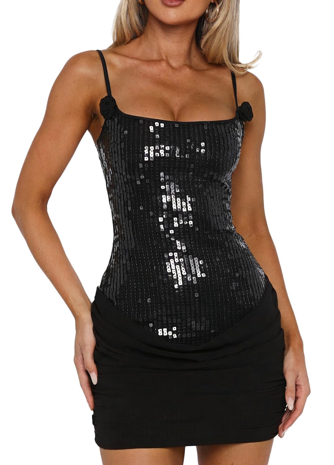 Mini abito da donna con paillettes, taglio basso, scollo a U | Abito aderente con spalline sottili, per feste di compleanno, cocktail, tinta unita, design increspato