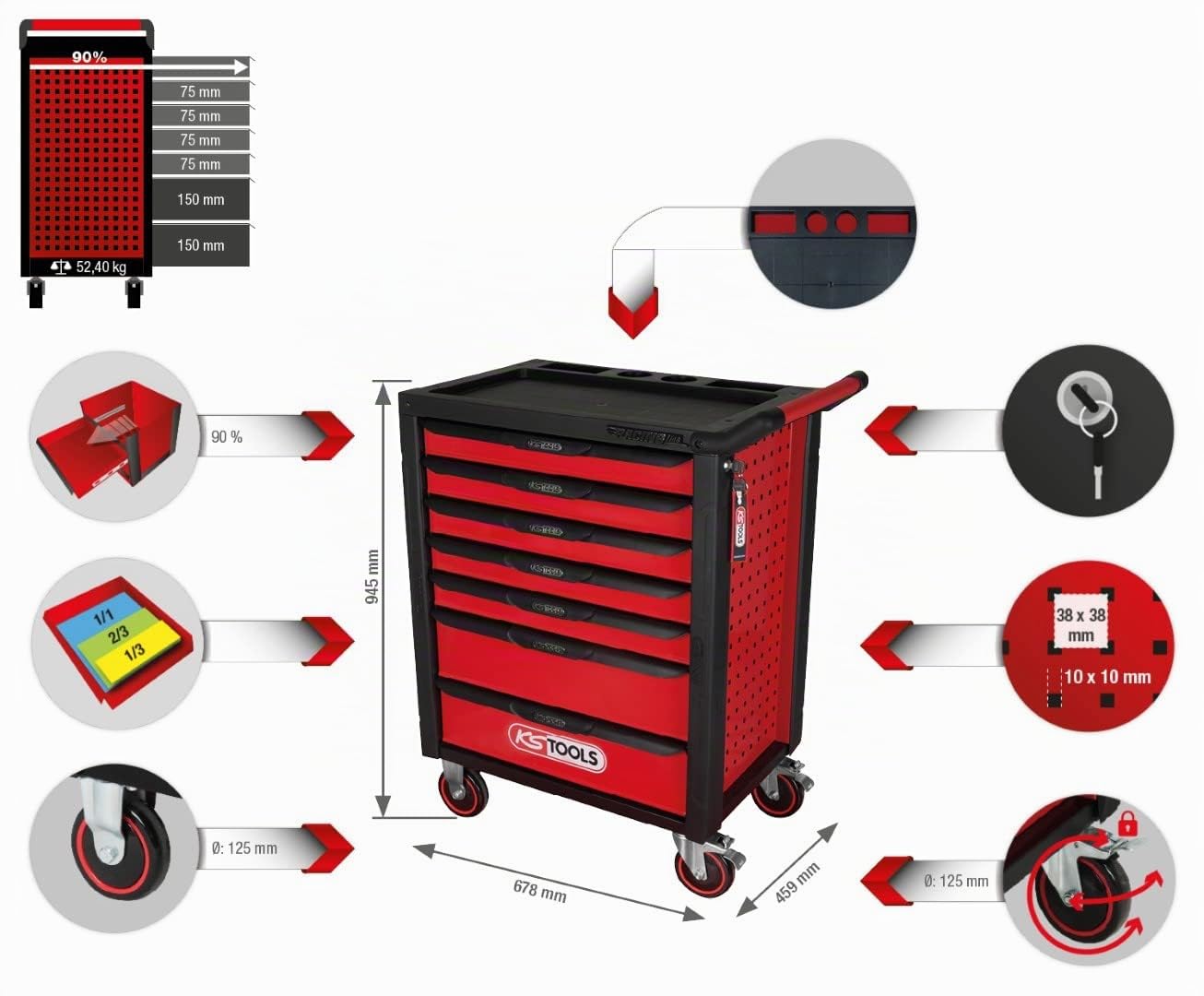 KS Tools 826.0007 Carrello portautensili RACINGline NERO/ROSSO con 7 cassetti