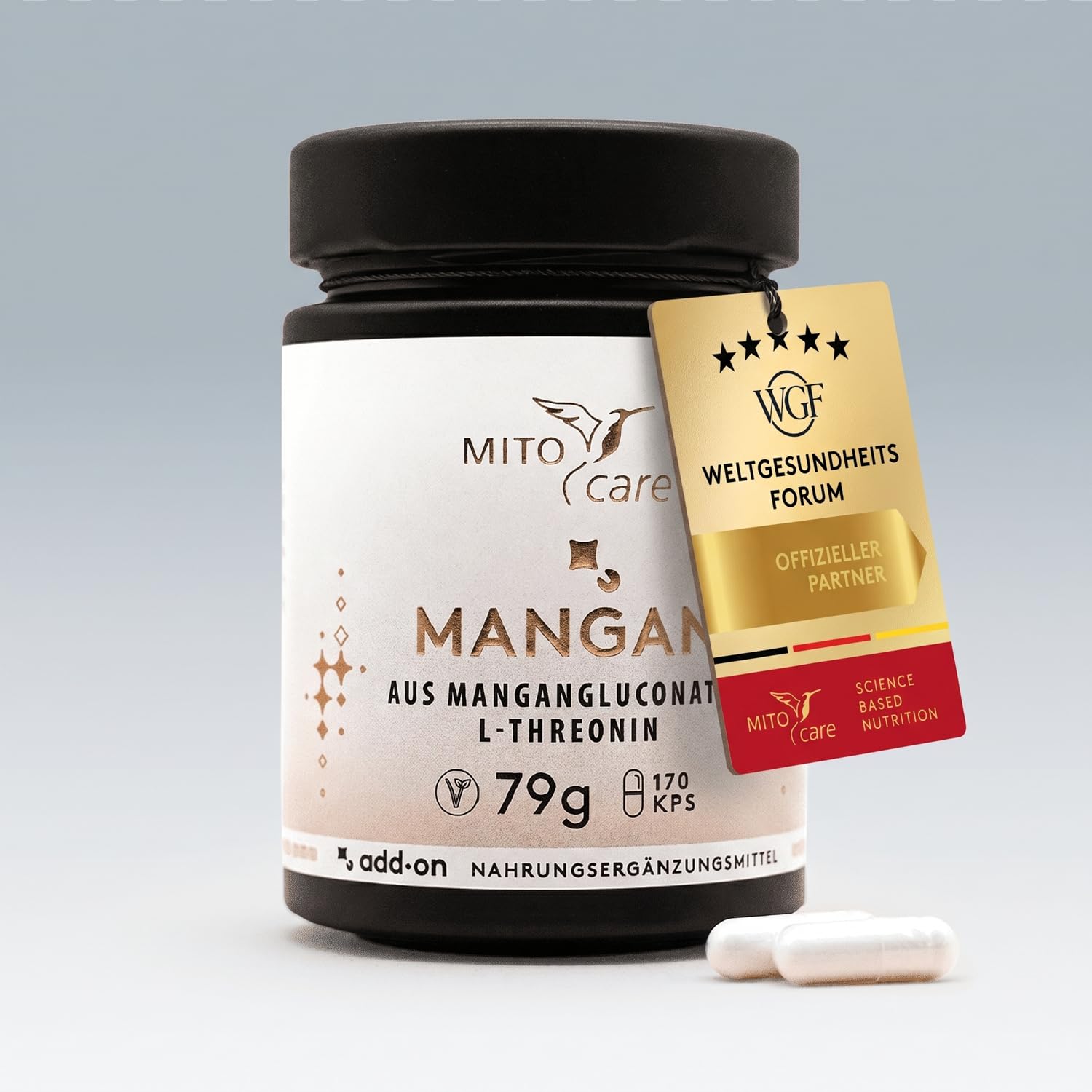 MITOcare Mangan - hochdosiert - 3mg Mangan pro Kapsel + L-Threonin - Komplex unterstützt das Bindegewebe - vegan - 4 Monatspackung mit 120 Kapseln - Produziert in Deutschland