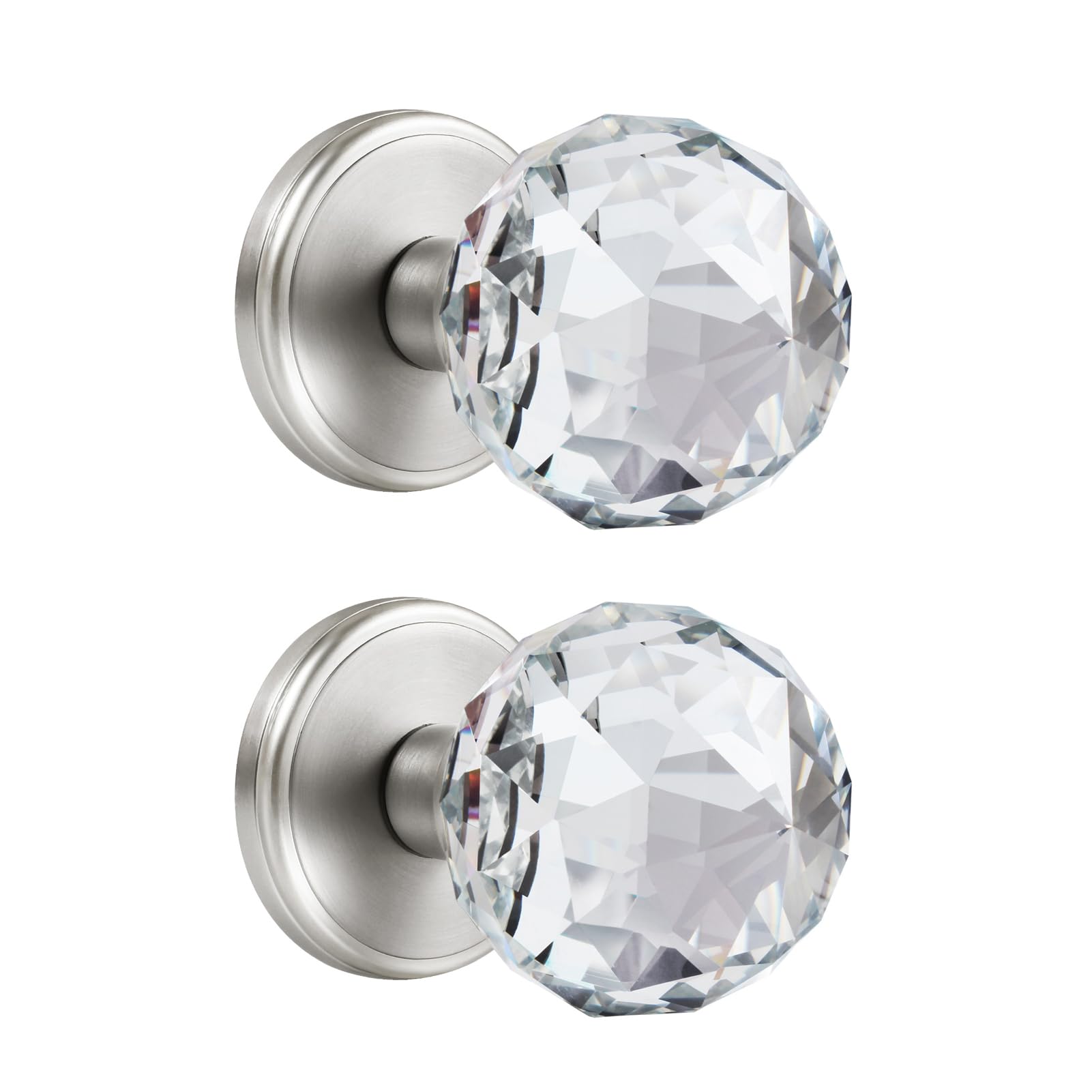 CLCTK 2 Pack Crystal Glass Dummy Door Knobs, Clear Diamond Single Side Dummy Door Knob Set, 2.36x2.36inch, Satin Nickel