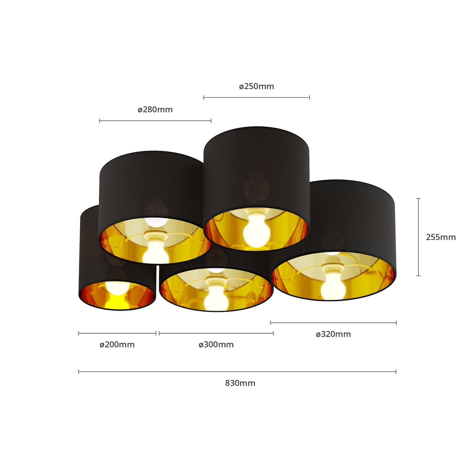 Lindby Stoff Deckenlampe schwarz-gold, 5 Schirme Ø 20 25 28 30 32 cm 5x E27 max. 60W ohne Leuchtmittel Textil Deckenleuchte Wohnzimmerlampe