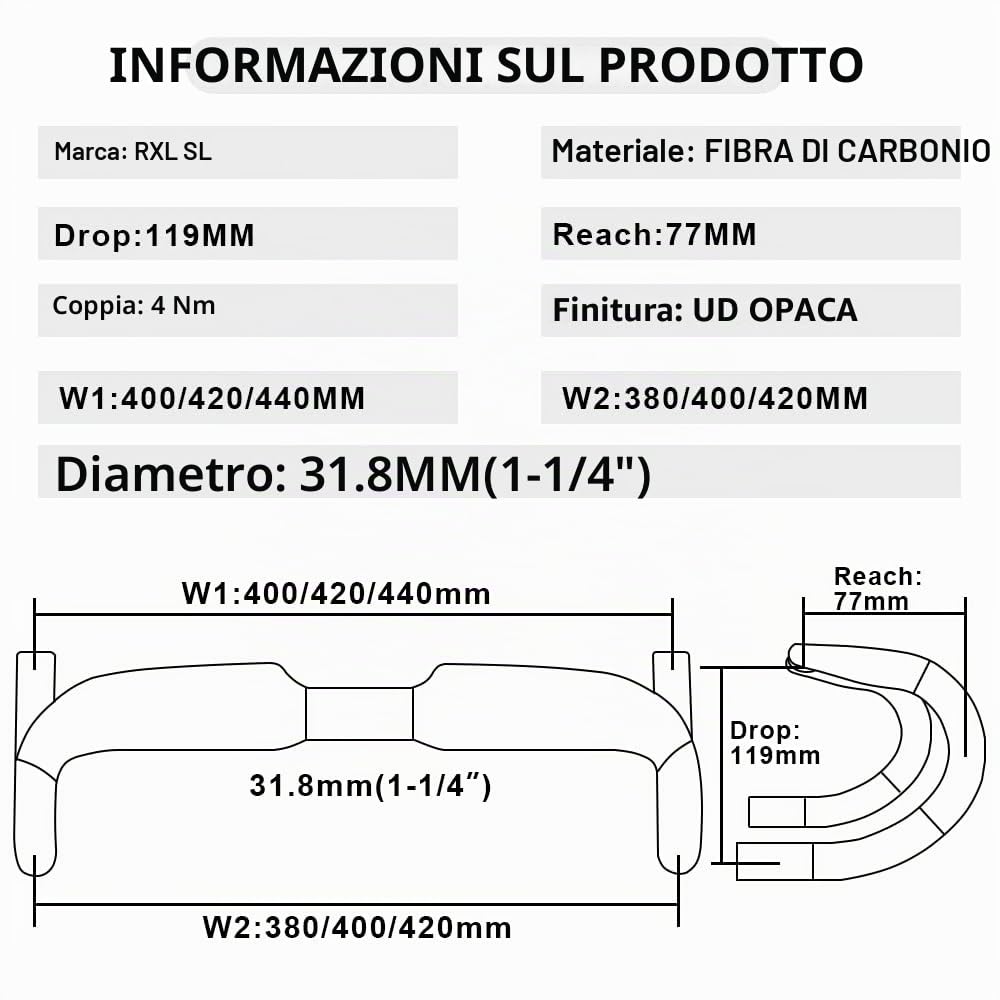 Manubrio carbonio strada RXL SL manubri per bici da corsa 31.8 manubrio carbonio bici da corsa instradamento Interno UD Opaco 400mm
