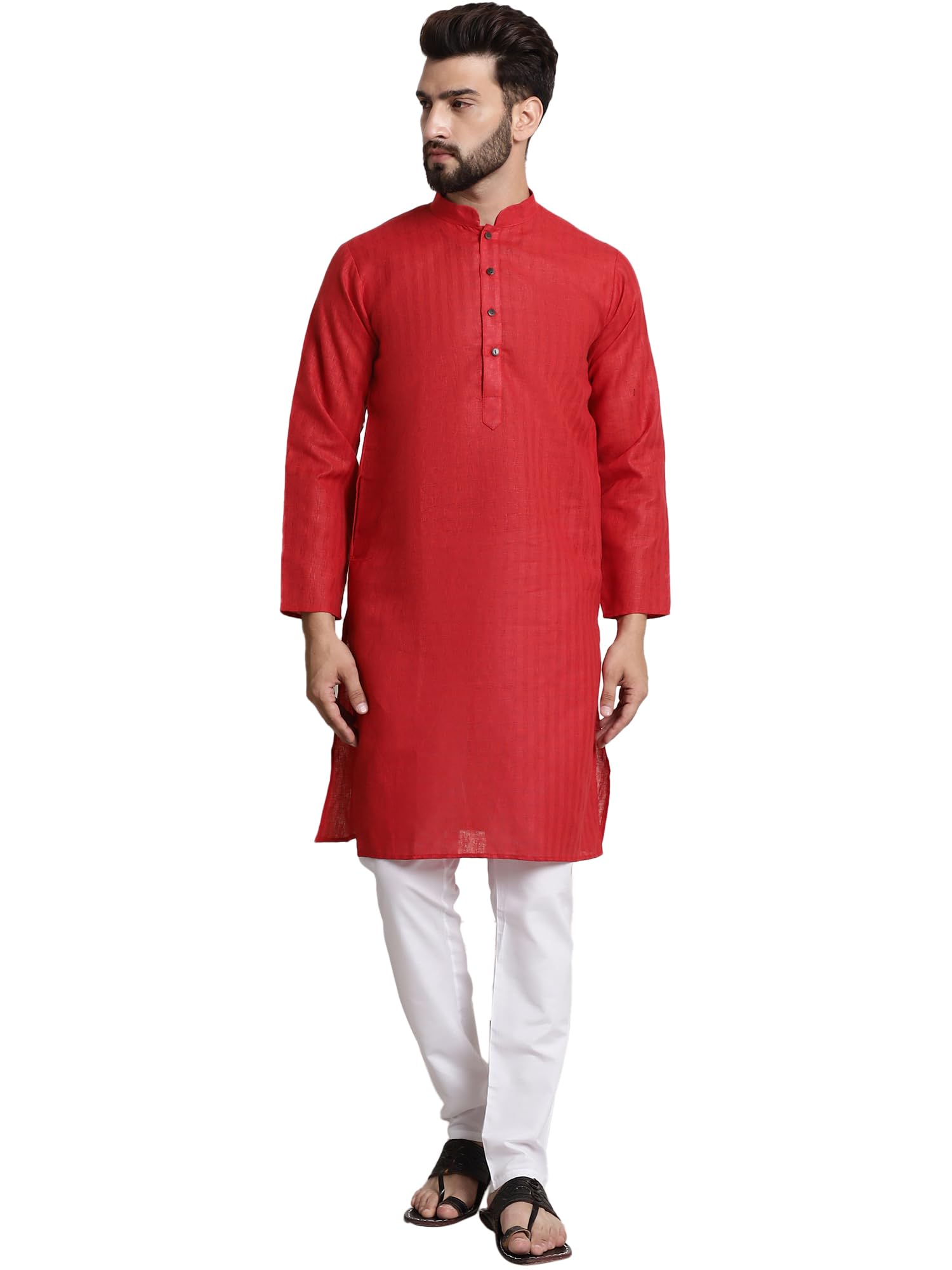 Sojanya (Since 1958 Men's Cotton Blend Red Checked Kurta And White Churidar Pyjama Set
