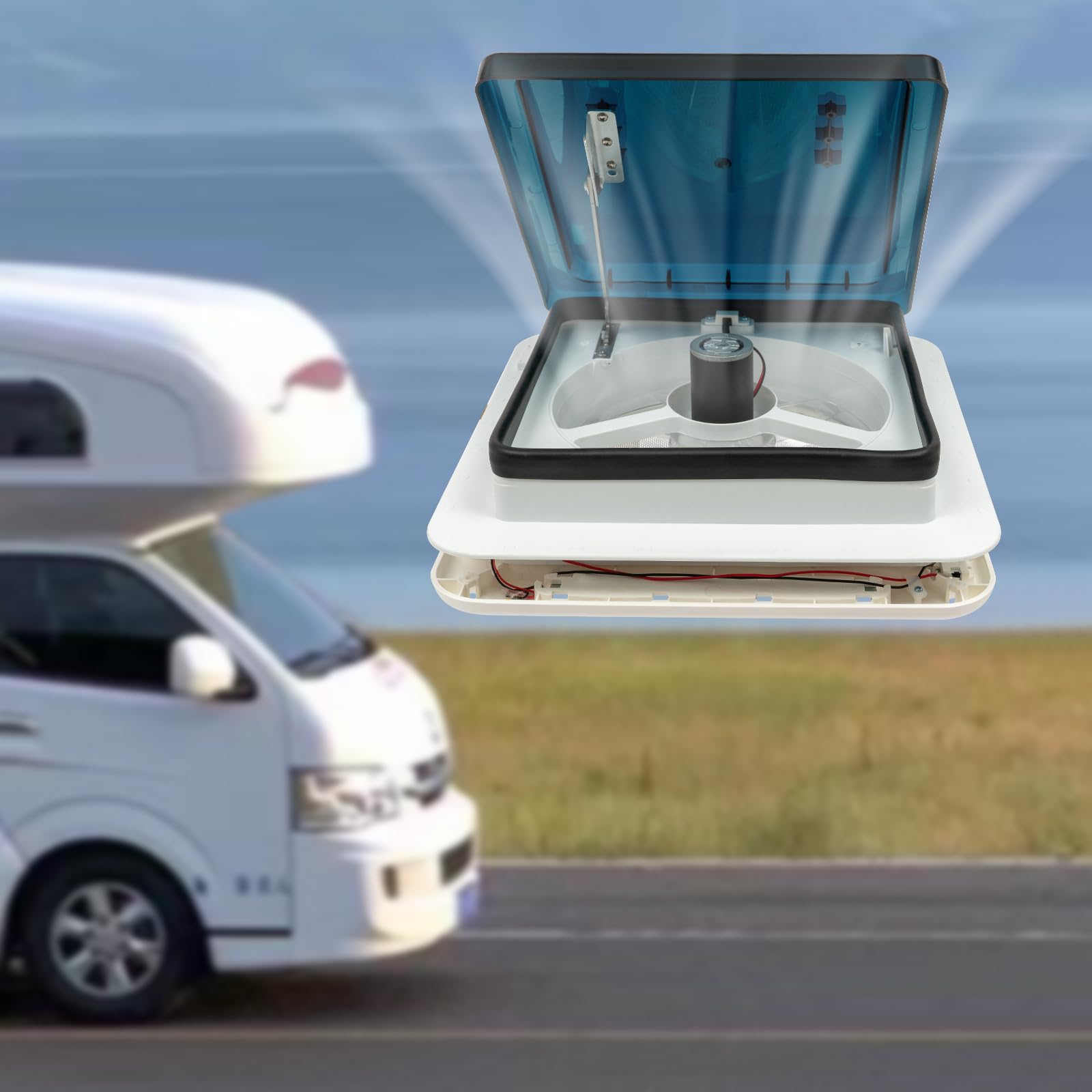 Wohnmobil Dachventilator, RV Dachventilator Vent, 26x26cm Belüftung für Wohnmobil, Extrem Geräuscharm, IP68 Wasserdicht mit 10 Schaufeln und Beleuchtung, 45° öffnen und Schließen (Schwarz)