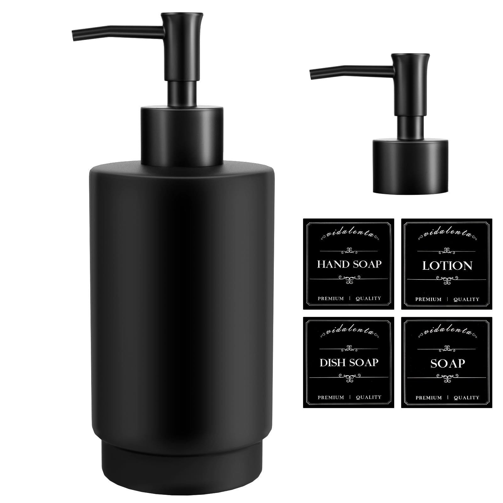 14 Oz Matte Black Ceramic Hand Soap Dispenser with 2 Press Pump Head and Waterproof Labels for Bathroom and Kitchen Countertop, Premium Lotion Dispenser