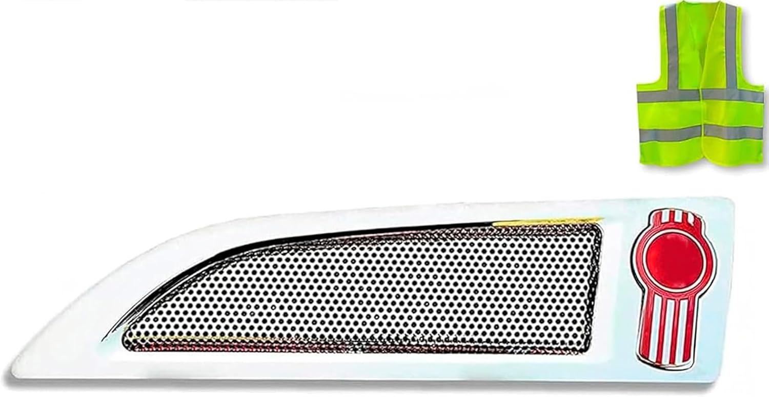 Kozak Hood Side Air Intake Vent Grille Assembly Chrome Compatible with Kenworth T680 2013-2021, Left Driver Side, Includes Logo and Reflective Vest