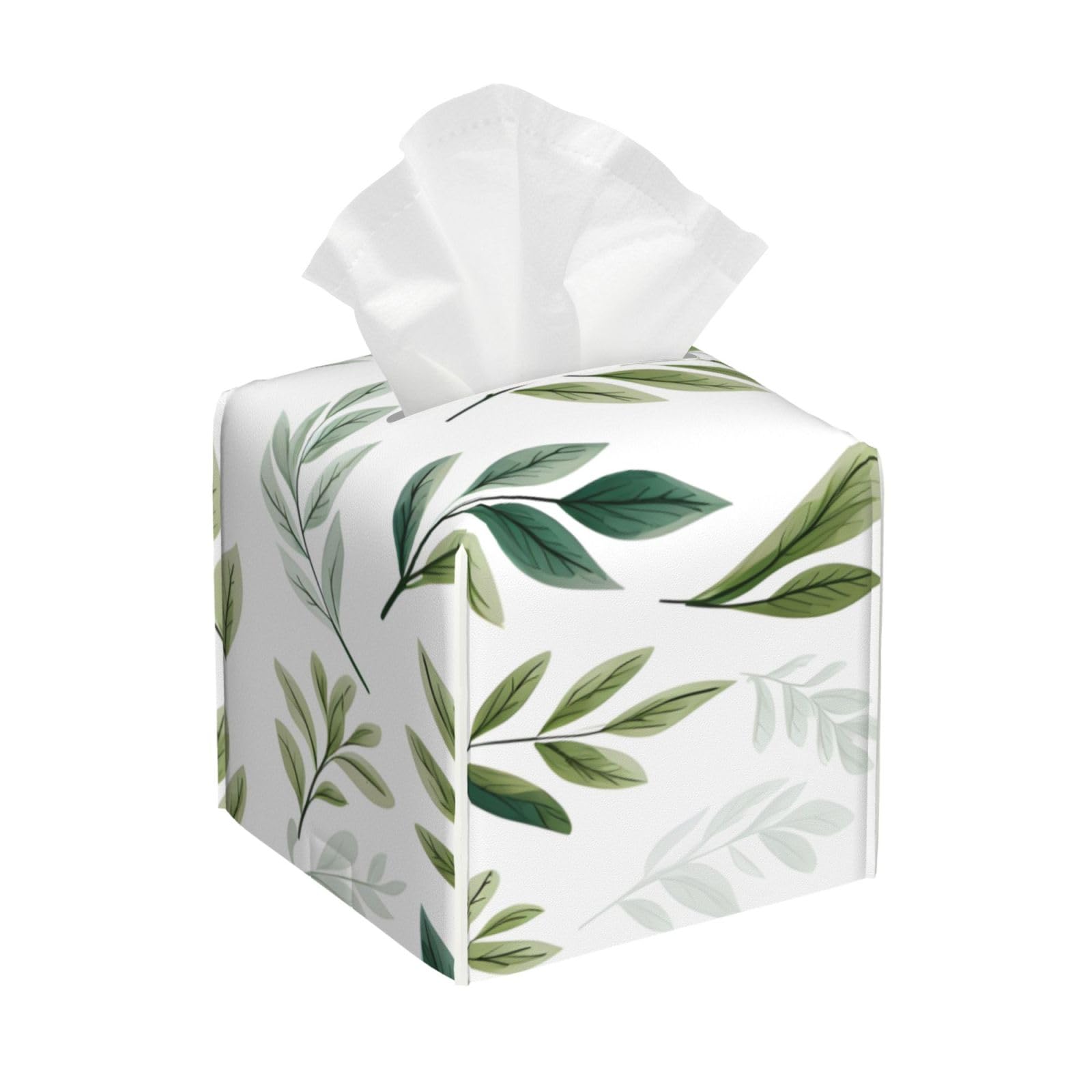 Square Tissue Box Cover, Leather Tissue Cube Box Holder, Watercolor Leaves Green Plant Facial Paper Case for Tabletop, Bathroom, Car, Office 5.2"x5.2"x5.2"in