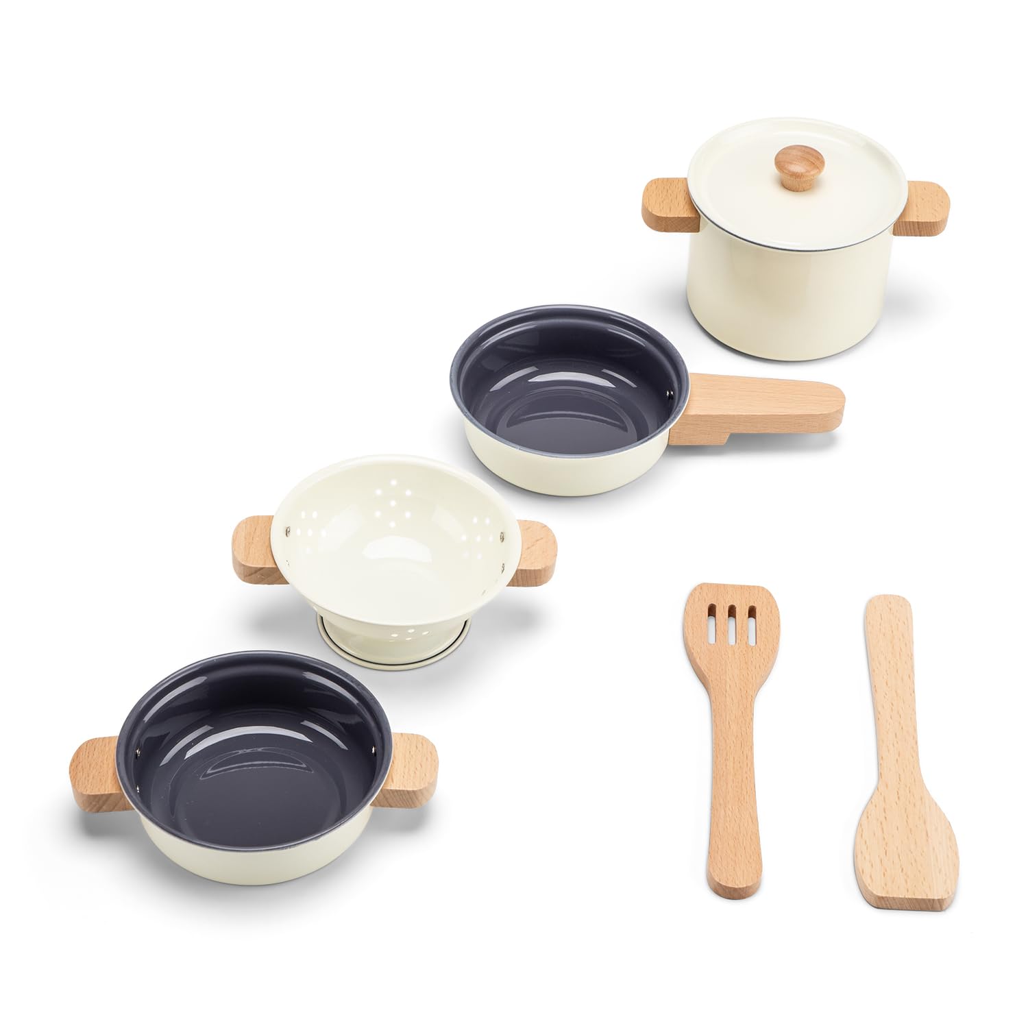 Woet® Set Casseroles et Poêles Blanc Cassé pour Enfants - 7 Pièces avec Poignées en Bois - Jouet de Cuisine d’Imitation - Jouet de Cuisine d’Imitation - À Partir de 2 Ans