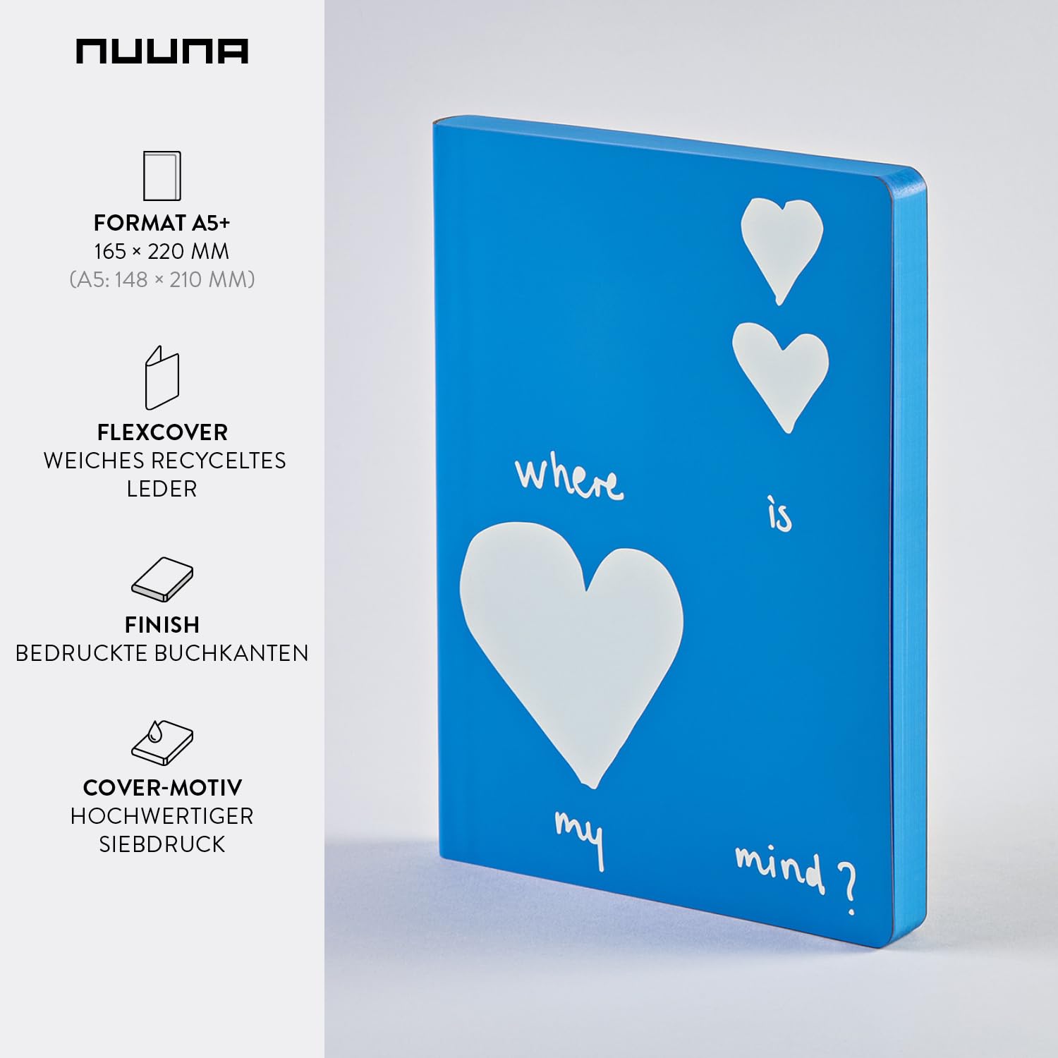 Nuuna Notizbuch A5+ | Graphic L - Where Is My Mind? | 3,5 mm Punktraster | 256 nummerierte Seiten | 120 g Premium-Papier | Leder blau | nachhaltig produziert in Deutschland