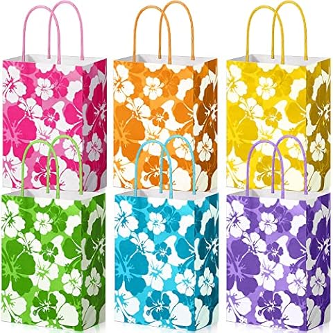 Teling 24 Pcs Hibiscus Party Favor Bag Hawaiian Themed Paper Bag with Handles Summer Tropical Gift Bags Tiki Luau Treat Bags Hawaii Goodie Bags Kids Birthday Party Supplies Multicolor 8.3 x 6 x 3" Cover