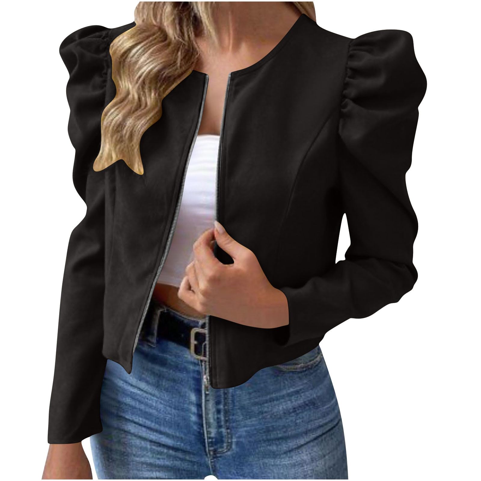 Womens Business Casual Blazers Long Puff Sleeve Open Front Work Office Cropped Blazer Suit Jacket Elegant Dressy Outerwear