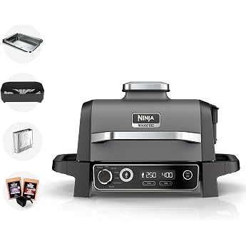 Ninja OG701UK Woodfire Electric BBQ Grill & Smoker, 7-in-1 Outdoor Grill & Air Fryer, Roast, Bake, Dehydrate, Uses Woodfire P