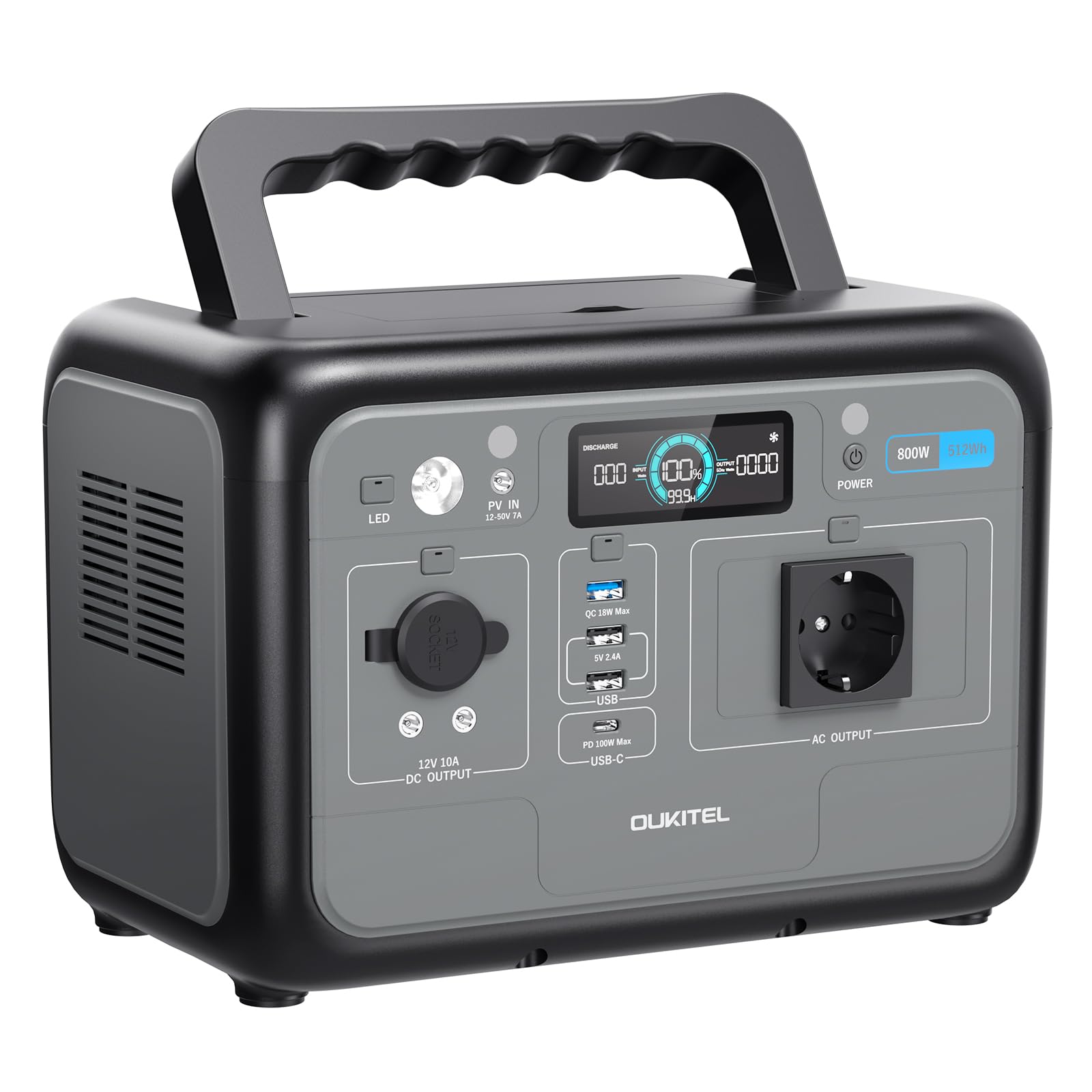 OUKITEL P800 Estación de Energía Portátil 800 W, Generador Solar con Batería Lifepo4 512 Wh, Generador con Salidas USB A Y C, Potencia Máxima de 1600 W, Ideal Para Acampadas