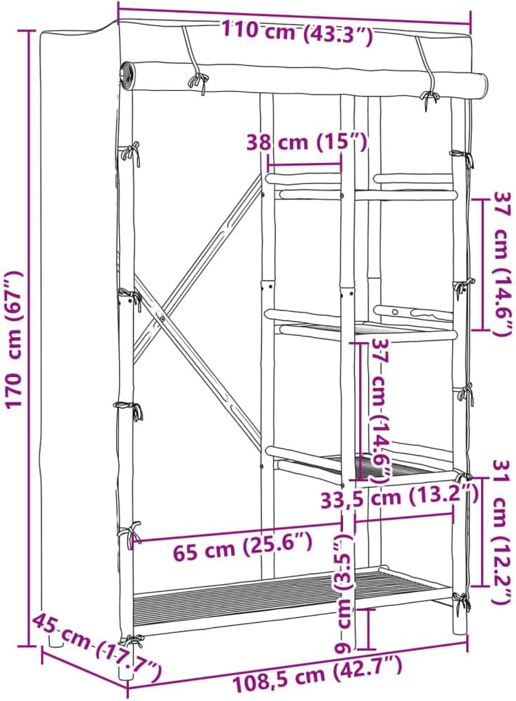 vidaXL Bamboo Wardrobe with Fabric Cover - 43.3"x17.7"x66.9" - Brown - 4-Shelf Organizer for Bedroom & Living Room